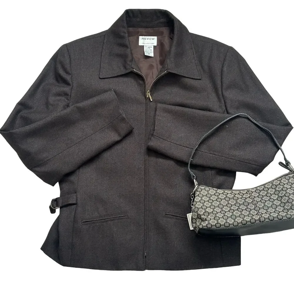 Vintage Preview Collection Brown Worsted Wool Utility Jacket Lined Brass Buckle
